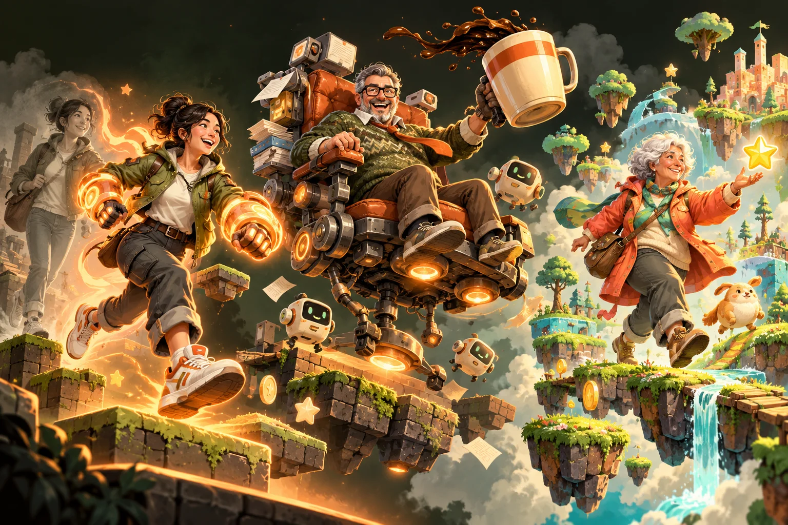 Everyday adults reimagined as an arcade hero, a comic coffee-powered boss and the star of a fantasy platform game