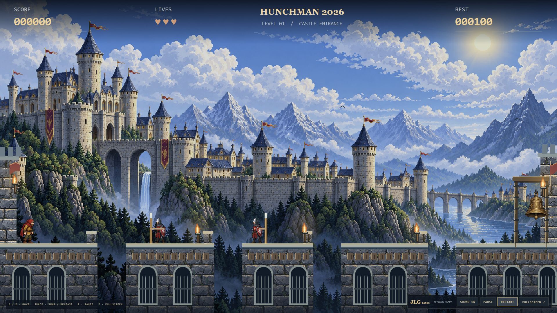 Hunchman crossing the castle battlements beneath the mountains