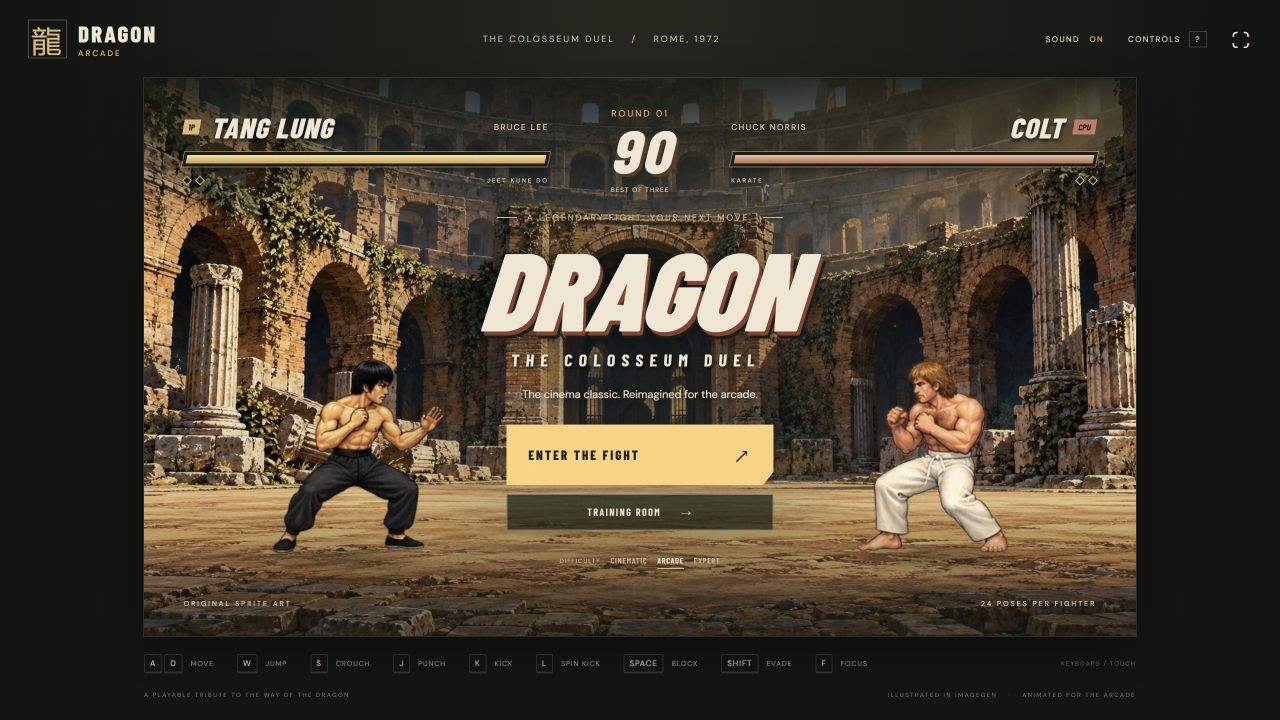 Illustrated Bruce Lee and Chuck Norris facing off in the Colosseum