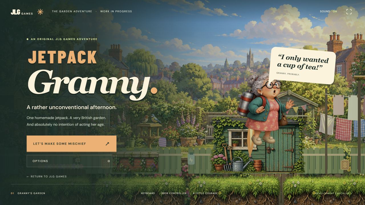 Jetpack Granny title screen, with Granny flying over a colourful British garden